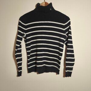 Lauren Ralph Lauren Ribbed Striped Turtleneck Sweater sz M Black White Embroider